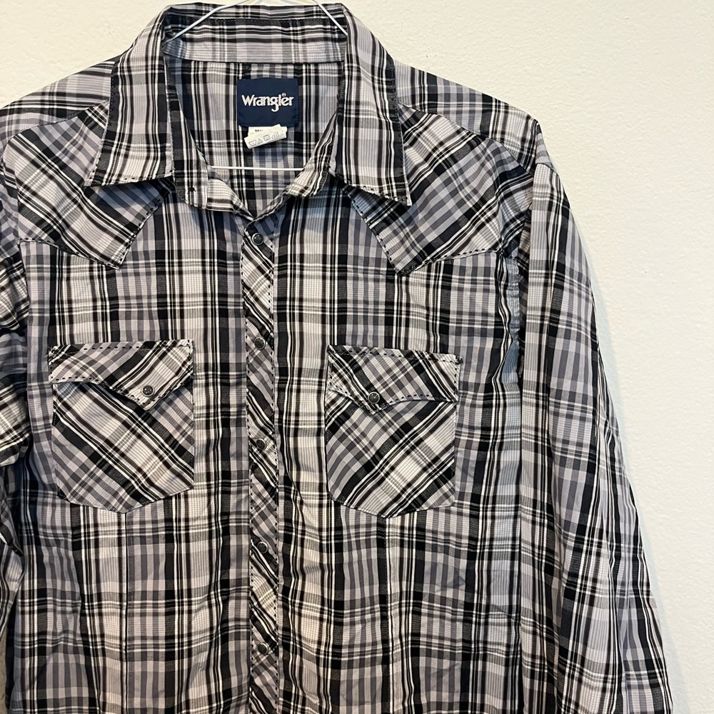 Wrangler Men’s Size XL‎ Black White Flannel Pearl Snap Plaid Western EUC - Picture 3 of 4